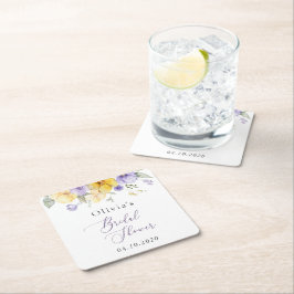 Purple Flowers, Yellow Flowers, Bridal Shower スクエアペーパーコースター