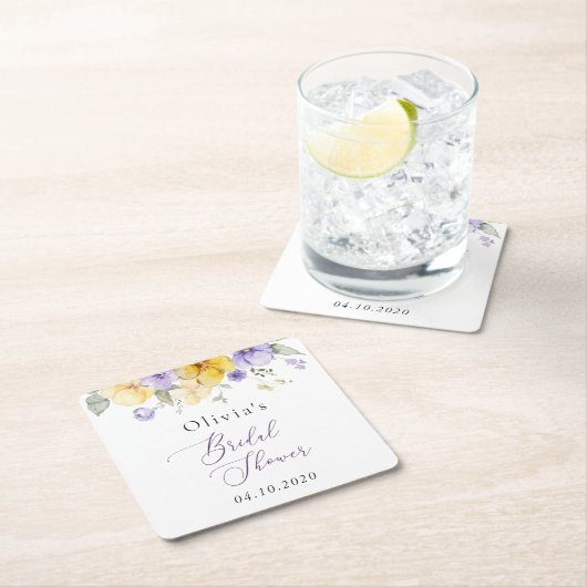 Purple Flowers, Yellow Flowers, Bridal Shower スクエアペーパーコースター (インサイチュ)