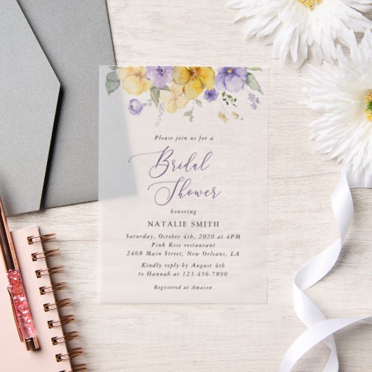 Purple Flowers, Yellow Flowers, Bridal Shower ベラム紙招待状 (ウェディング)