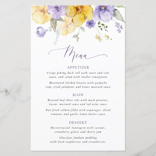 Purple Flowers, Yellow Flowers, Bridal Shower Menu (正面)