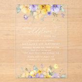 Purple Flowers, Yellow Flowers, First Birthday アクリル招待状 (正面)