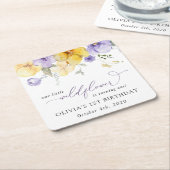 Purple Flowers, Yellow Flowers, First Birthday スクエアペーパーコースター (アングル)