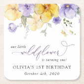 Purple Flowers, Yellow Flowers, First Birthday スクエアペーパーコースター (正面)