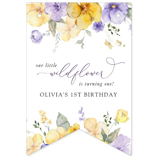 Purple Flowers, Yellow Flowers, First Birthday バンティングフラッグ (第1の旗)