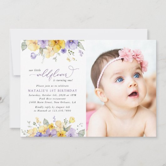 Purple Flowers, Yellow Flowers, First Birthday 招待状 (正面)