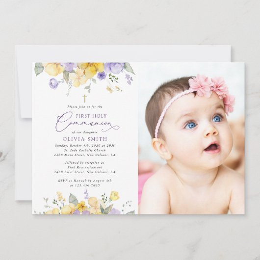 Purple Flowers, Yellow Flowers, First Communion 招待状 (正面)