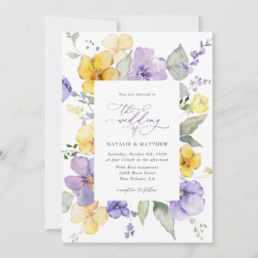 Purple Flowers, Yellow Flowers, Greenery, Wedding 招待状 (正面)