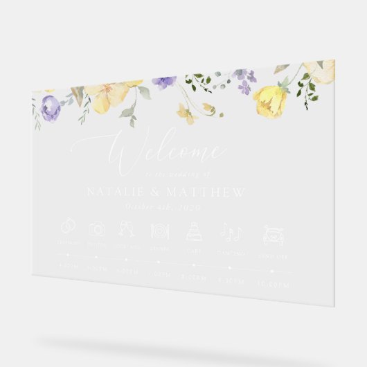 Purple Flowers, Yellow Flowers, Wedding Timeline アクリルサイン (傾斜)