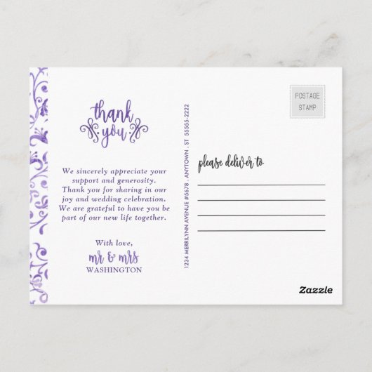 Purple Flowishesさんの結婚写真ありがとう ポストカード (裏面)