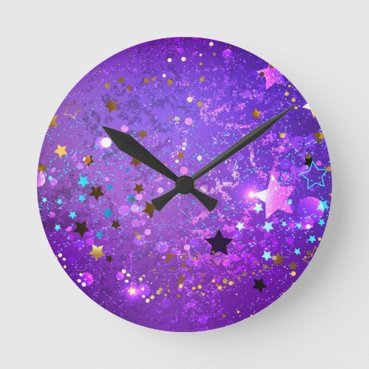 Purple foil background with Stars ラウンド壁時計 (正面)