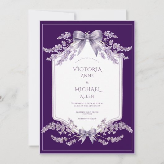 Purple Frame Floral Elegant Wedding Invitation 招待状 (正面)