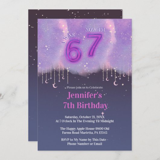 Purple Galaxy “I Was 6 Now I’m 7” Girl Birthday 招待状 (正面/裏面)