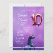 Purple Galaxy Rosegold Unicorn Girl 10th Birthday 招待状 (正面)