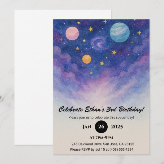 Purple Galaxy Watercolor Sky Birthday  招待状 (正面/裏面)