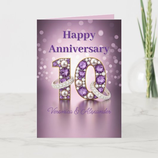 Purple Gems Pearls Rings 10th Wedding Anniversary カード (正面)