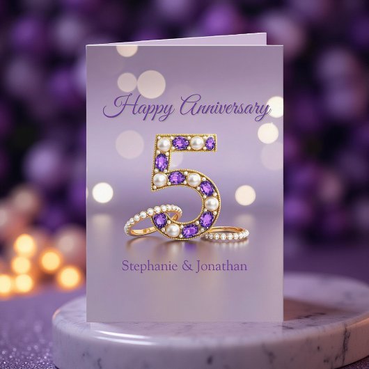 Purple Gemstone and Pearls 5th Wedding Anniversary カード