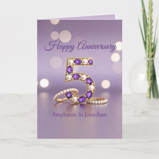 Purple Gemstone and Pearls 5th Wedding Anniversary カード (正面)