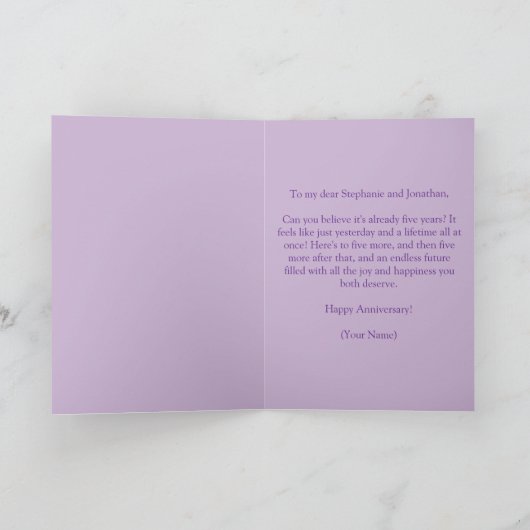 Purple Gemstone and Pearls 5th Wedding Anniversary カード (内部)
