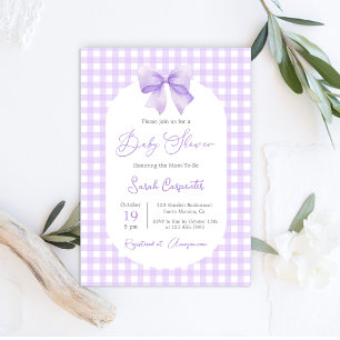 Purple Gingham Baby Showerへの招待(弓あり) 招待状