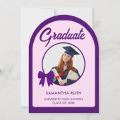 Purple Gingham Bow Arch Photo Graduation Party 招待状 (正面)