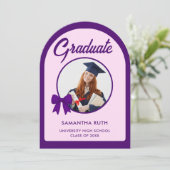 Purple Gingham Bow Arch Photo Graduation Party 招待状 (スタンド正面)