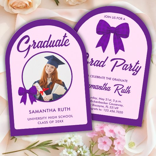 Purple Gingham Bow Arch Photo Graduation Party 招待状