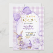 Purple Gingham Bow Bunny Tea Party Second Birthday 招待状 (正面)