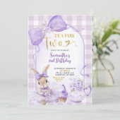 Purple Gingham Bow Bunny Tea Party Second Birthday 招待状 (スタンド正面)