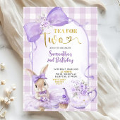Purple Gingham Bow Bunny Tea Party Second Birthday 招待状