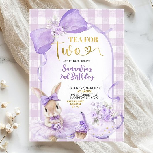 Purple Gingham Bow Bunny Tea Party Second Birthday 招待状