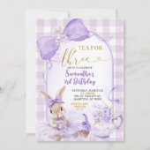 Purple Gingham Bow Bunny Tea Party Third Birthday 招待状 (正面)