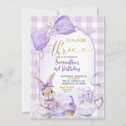 Purple Gingham Bow Bunny Tea Party Third Birthday 招待状 (正面)
