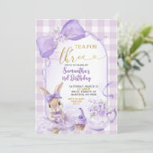 Purple Gingham Bow Bunny Tea Party Third Birthday 招待状 (スタンド正面)