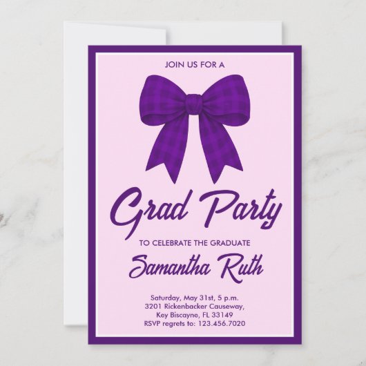 Purple Gingham Bow Graduation Party 招待状 (正面)