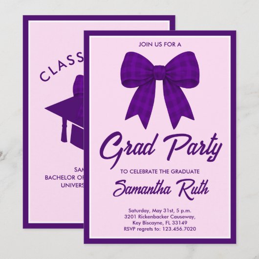 Purple Gingham Bow Graduation Party 招待状 (正面/裏面)