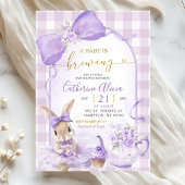 Purple Gingham Coquette Bunny Brew Tea Baby Shower 招待状