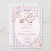 Purple Gingham Floral Tea For Two 2nd Birthday 招待状 (正面)