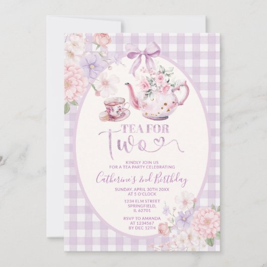 Purple Gingham Floral Tea For Two 2nd Birthday 招待状 (正面)