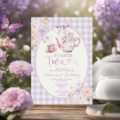 Purple Gingham Floral Tea For Two 2nd Birthday 招待状