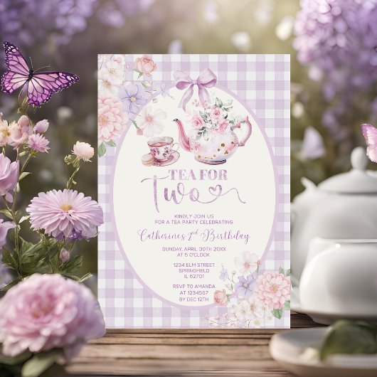 Purple Gingham Floral Tea For Two 2nd Birthday 招待状