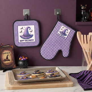 Purple Gingham Halloween Witch Hat and Bats 鍋つかみ&鍋敷きセット