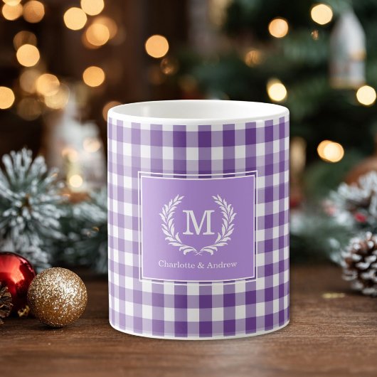 Purple Gingham Monogram Crest Custom コーヒーマグカップ