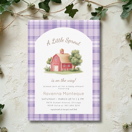 Purple Gingham Red Barn Little Sprout Baby Shower 招待状
