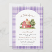 Purple Gingham Red Barn Little Sprout Baby Shower 招待状 (正面)