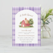 Purple Gingham Red Barn Little Sprout Baby Shower 招待状 (スタンド正面)