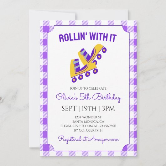 Purple Gingham Roller Skating Birthday Party 招待状 (正面)