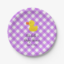 Purple Gingham Rubber Duckie Baby Shower ペーパープレート