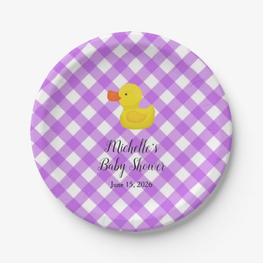 Purple Gingham Rubber Duckie Baby Shower ペーパープレート (正面)