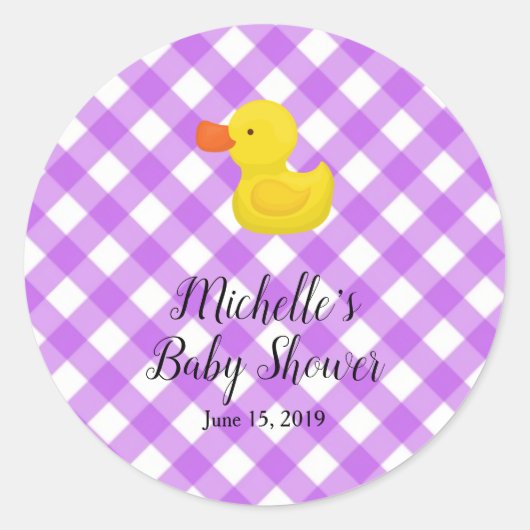 Purple Gingham Rubber Duckie Baby Shower ラウンドシール (正面)