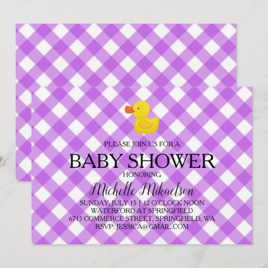 Purple Gingham Rubber Duckie Baby Shower 招待状 (正面/裏面)